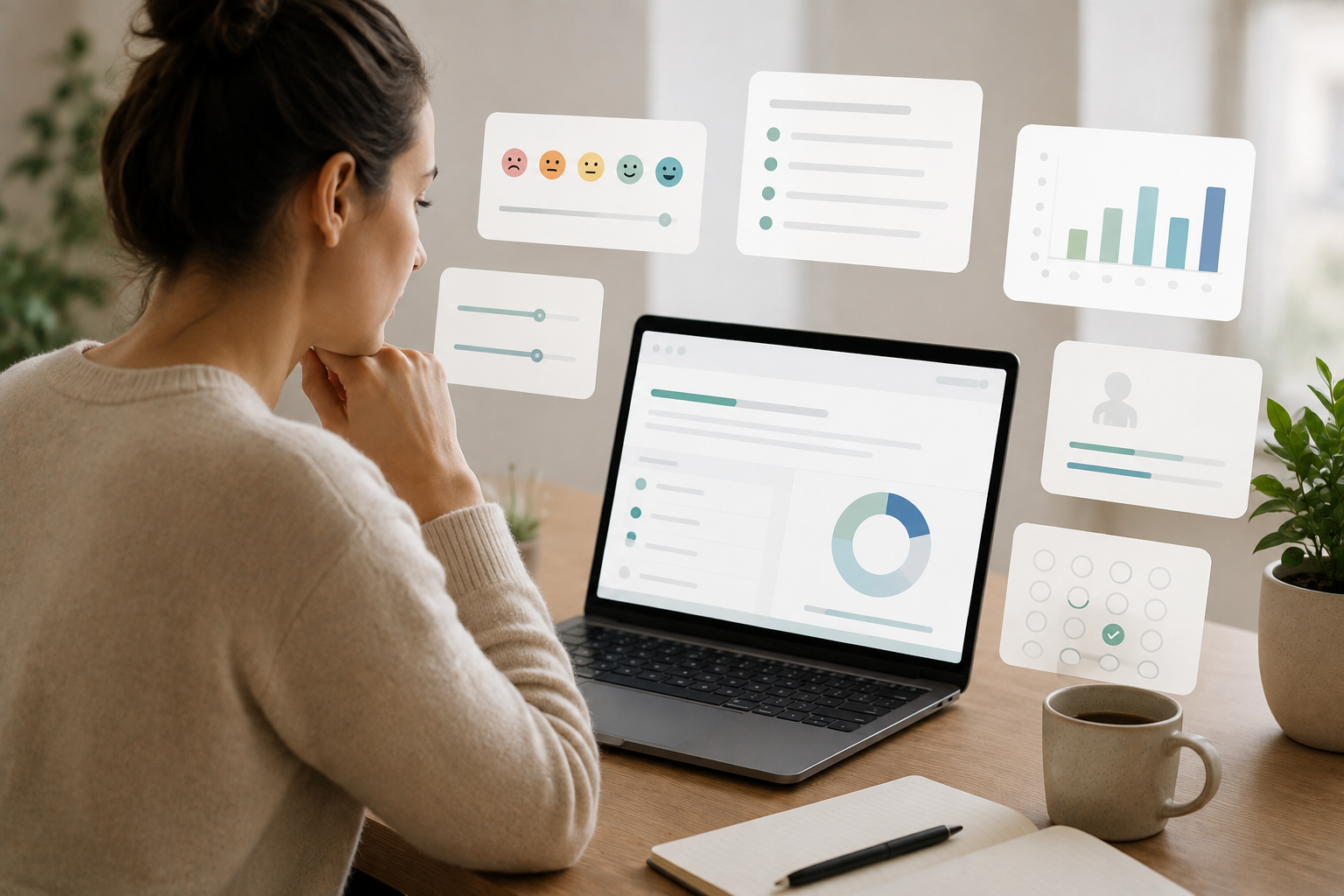 Persona che compila un questionario online sul benessere